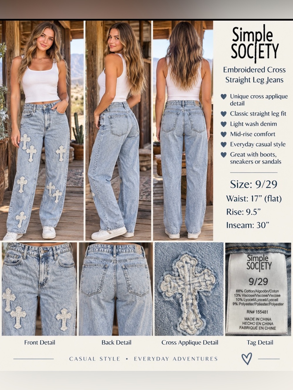 Simple Society Women's Light Wash Straight Leg Jeans with Embroidered Crosses